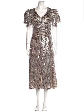 Sequin Midi Dress in Silver with Puff Sleeves